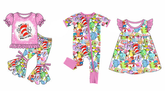 Baby Girl Pink Short Sleeves Dr Reading Sibling Romper Dress Clothes Set ( Moq 5 Each Design )11.28