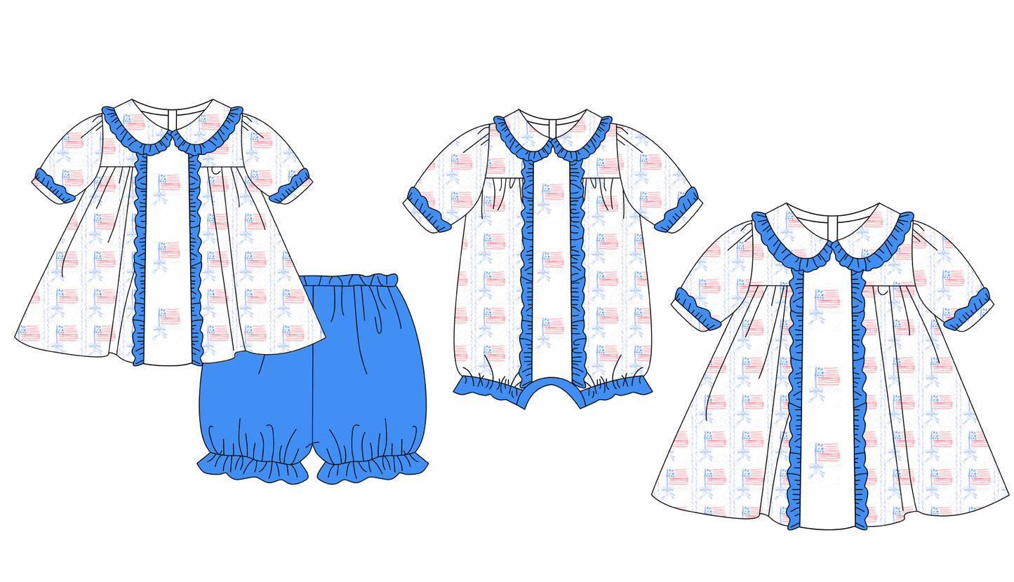 Baby Girl July 4th Flag Bows Sibling Romper Dress Clothes Set ( Moq 5 Each Design )11.25