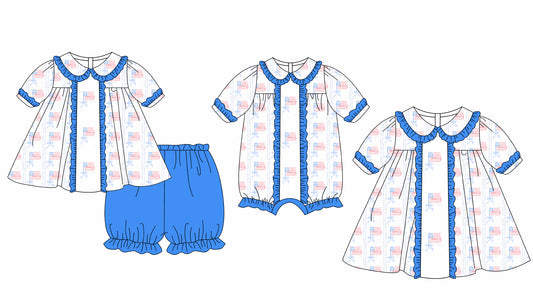 Baby Girl July 4th Flag Bows Sibling Romper Dress Clothes Set ( Moq 5 Each Design )11.25