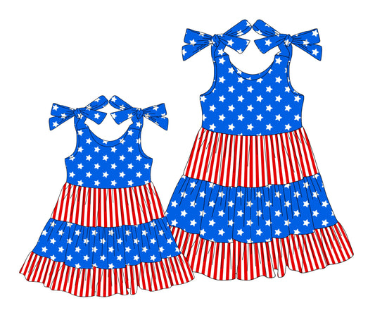 Baby Girl Adult Women Bows Straps July 4th Stars Stripes Sibling Cotton Dress ( Moq 5 Each Style ) 3.3