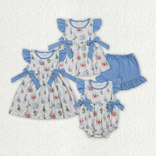 Sibling Baby Girls Kids Short Sleeves Rabbits Blue Bows Easter Romper Dress Set RTS