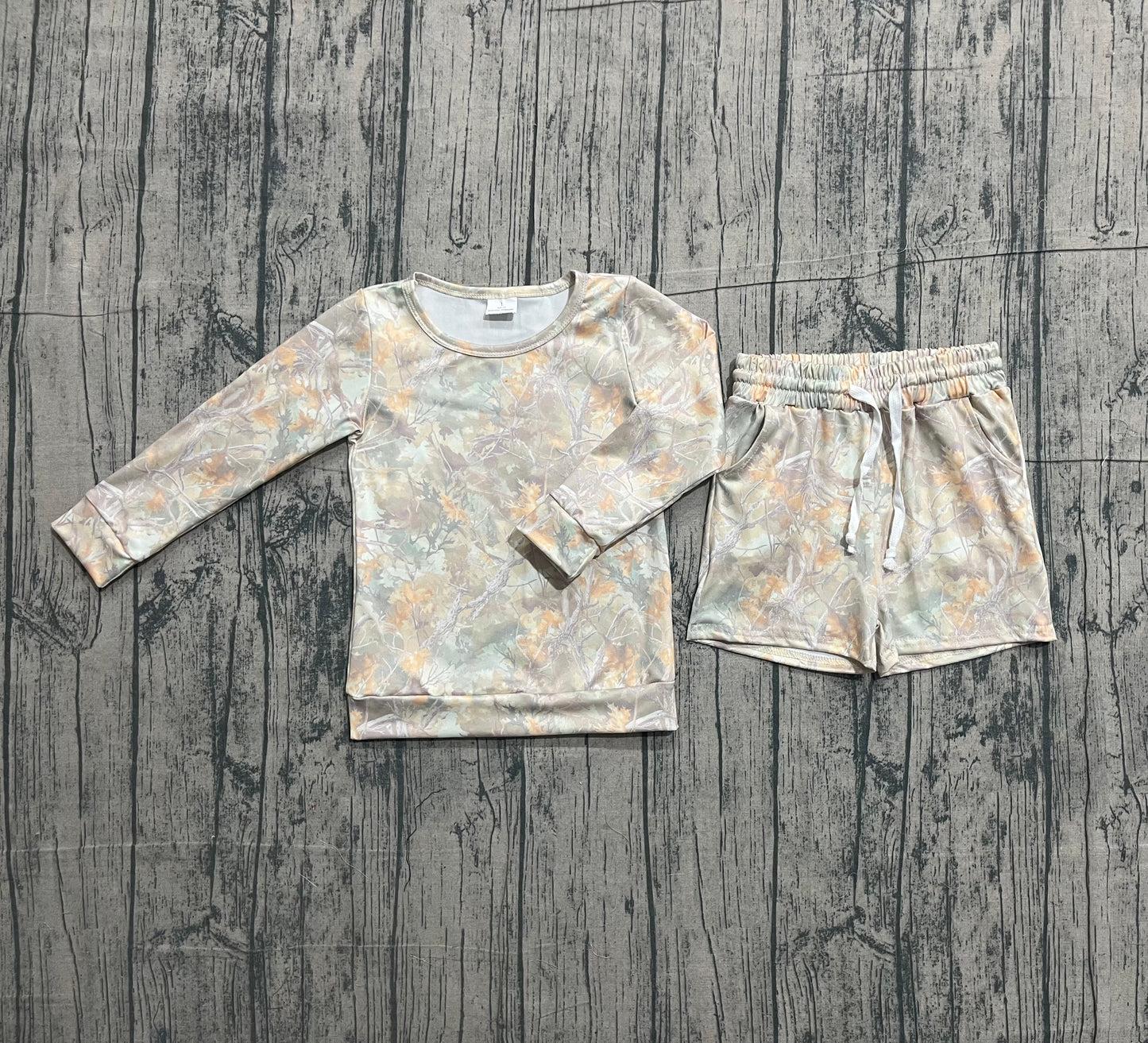 Baby Girls Long Sleeve Leaves Camo Tops Pockets Shorts Clothes Set RTS
