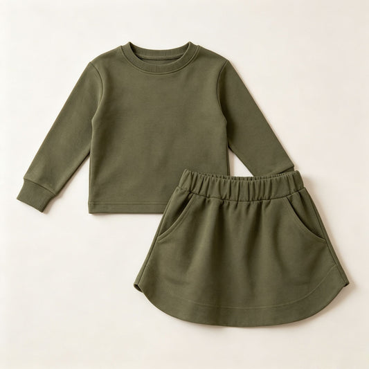 ( Moq 5 ) Preorder Baby Girls Kids Long Sleeves Olive Shirt Pockets Skirt Shorts Cotton Set Clothes