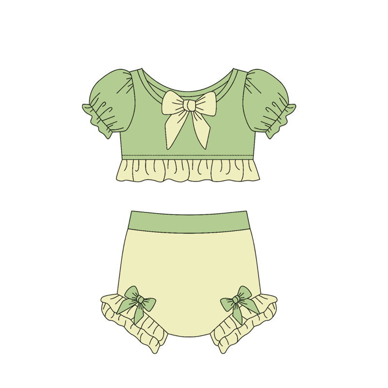 Baby Girl Short Sleeves Princess Bows Green Tops Shorts Swimsuit Bathing Suit ( Moq 5 )
