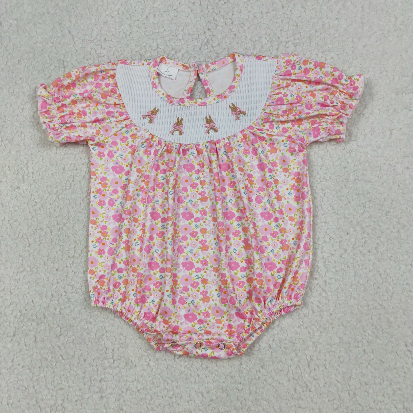 Baby Girls Kids Embroidery Smocked Rabbits Bows Floral Easter Pink Bubble Romper RTS