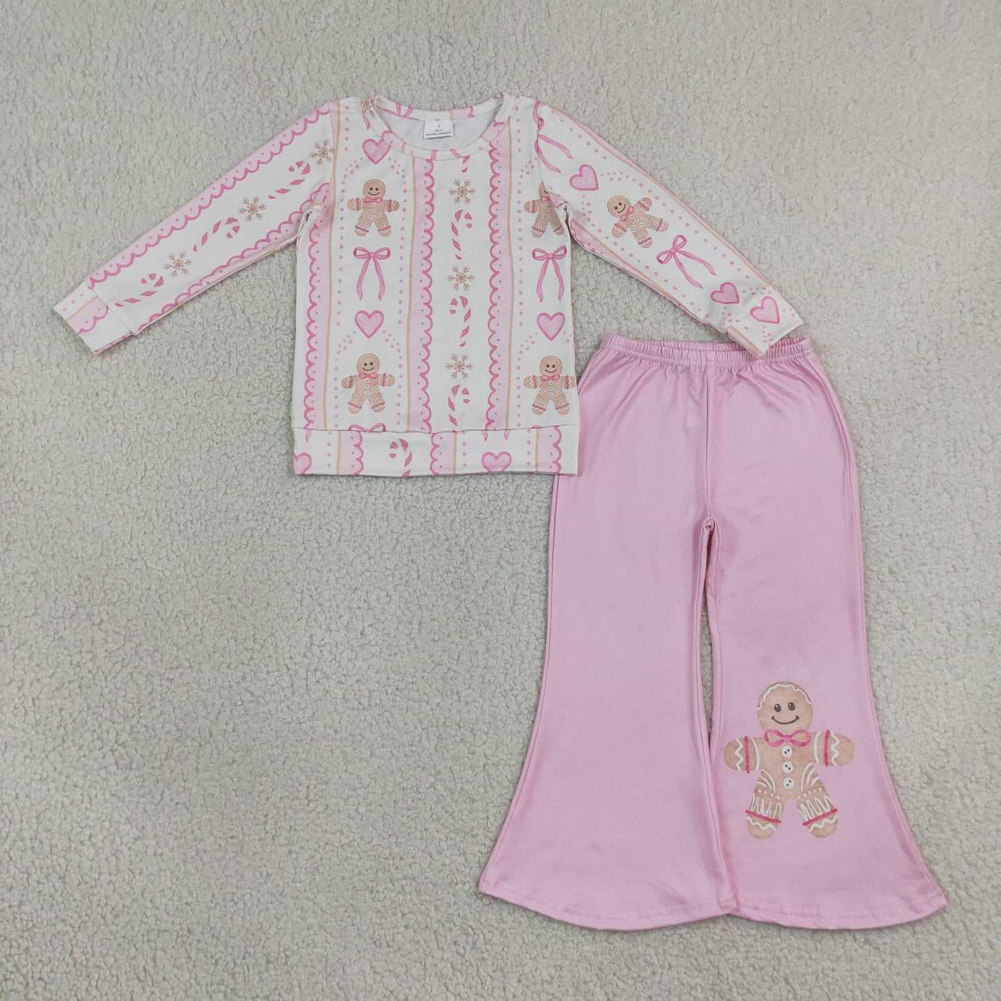 Baby Girls Kids Long Sleeves Gingerbread Bows Christmas Shirt Pink Pants Set Clothes RTS