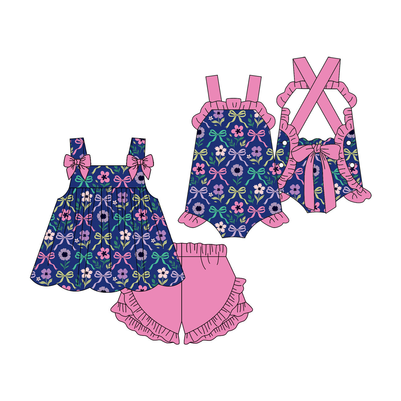 ( Moq 5 Each Style ) Sibling Baby Girls Kids Bows Flower Romper Set Summer Clothes