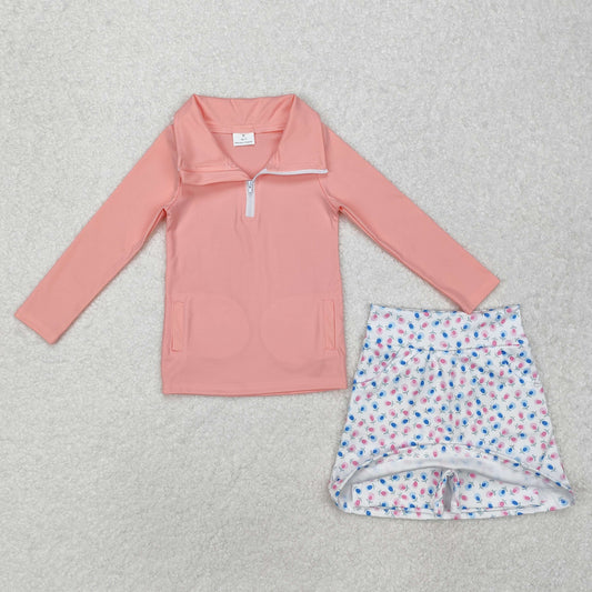 Baby Girl Long Sleeves Pink Zipper Shirt Floral Pocket Skorts Shorts Skirt Active Wear Clothes Set