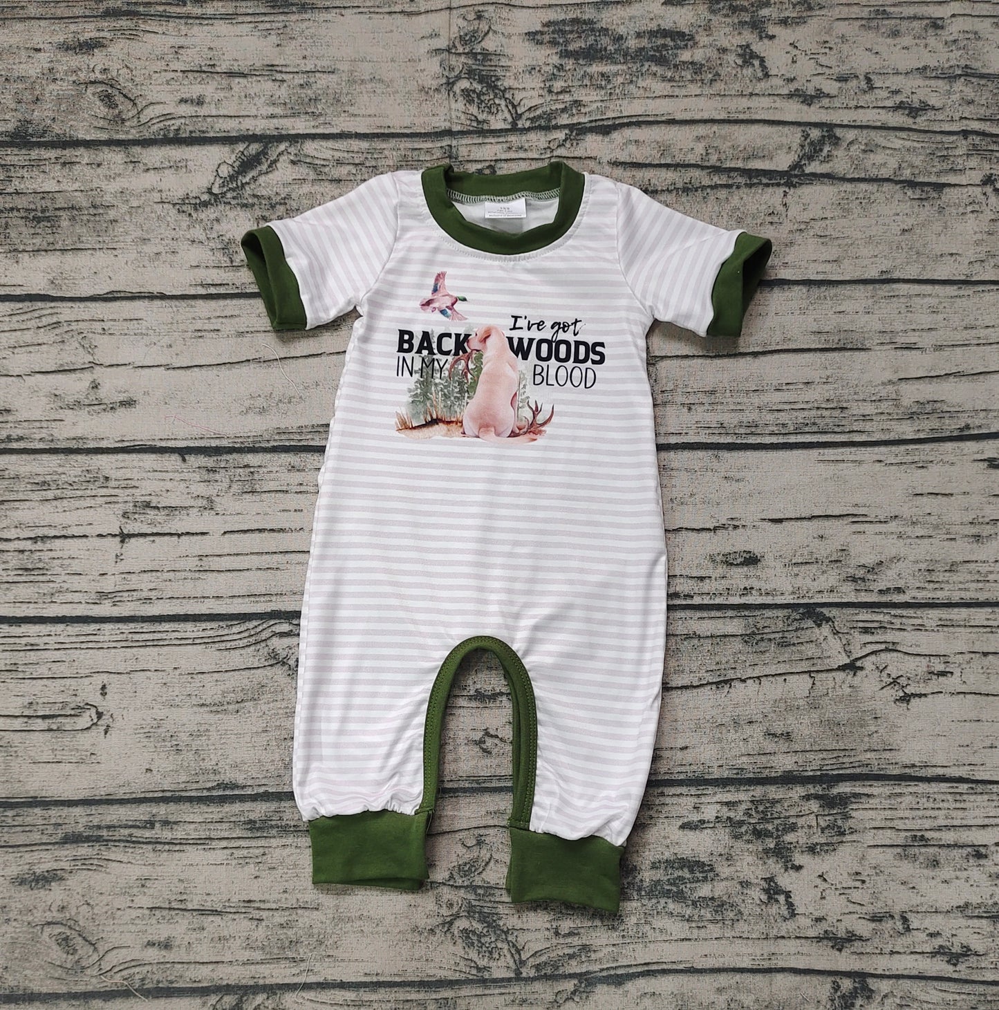 No moq Pre-order SR0633 Baby Boy Short Sleeves Dog One Piece Hunting Romper
