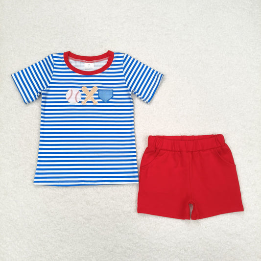 Baby Boy Short Sleeves Embroidery Baseball Stripes Shirt Red Shorts Set