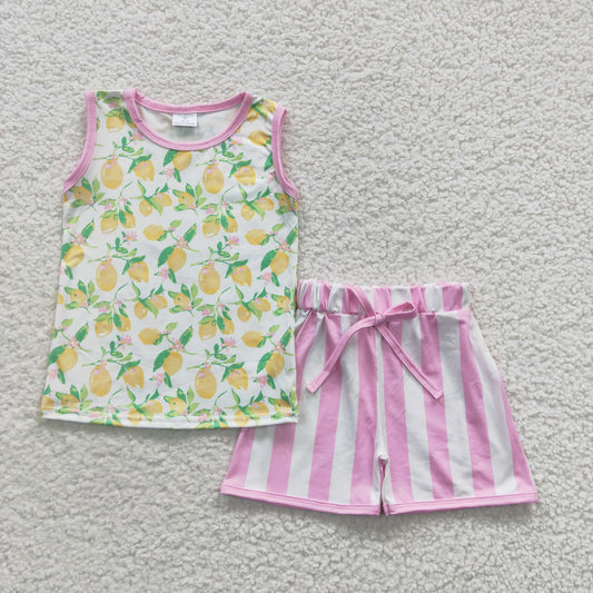 GSSO0322 Baby Girl Summer Sleeveless Lemon Tank Striped Shorts Outfit