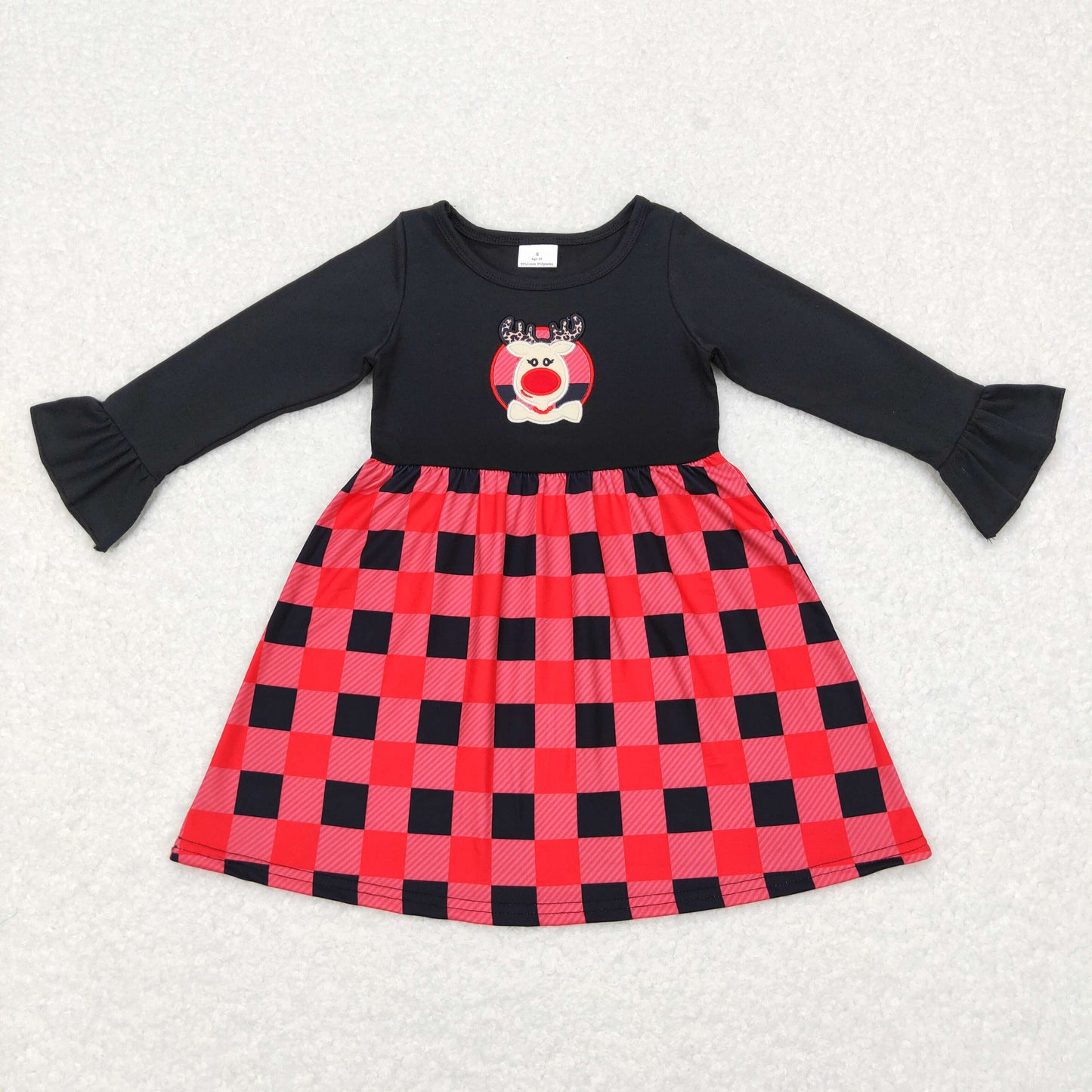GLD0423 Baby Girl Christmas Long Sleeves Embroidery Reindeer Plaid Dress
