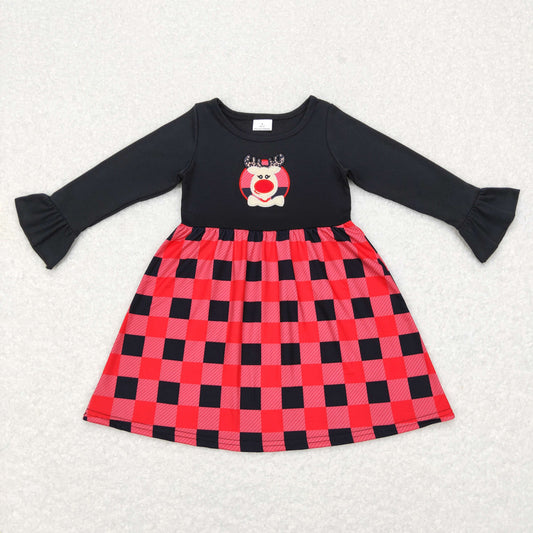 GLD0423 Baby Girl Christmas Long Sleeves Embroidery Reindeer Plaid Dress
