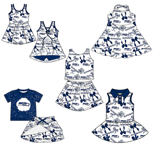 ( Moq 5 each style ) Baby Girl Toddler Team Blue Bows Sibling Skort Dress Set 6.6