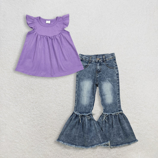 Baby Girls Kids Purple Short Sleeves Cotton Tops Denim Jeans Bell Pants Set RTS