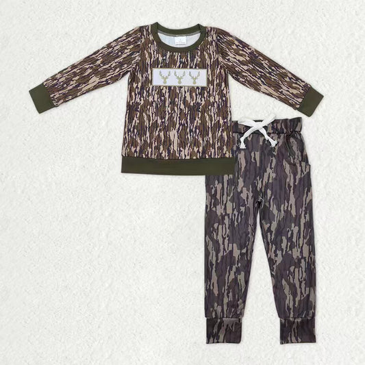 Baby Boys Kids Long Sleeves Embroidery Deer Shirt Pockets Pants Camo Clothes Set