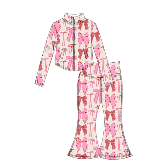 ( Moq 10 ) Baby Girl Pink Bows Long Sleeves Pockets Zipper Tops Pants Activity Wear Yoga Set