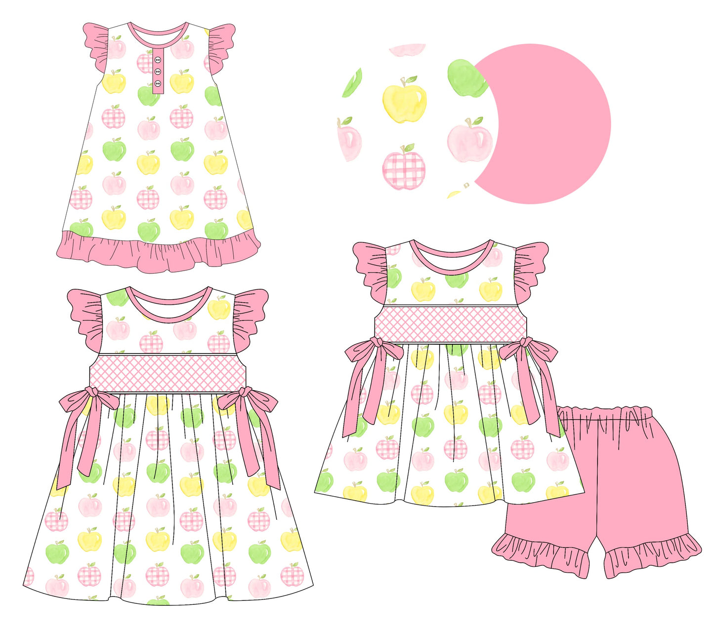 Baby Girl Back To School Apple Pink Bows Sibling Romper Dress Set ( Moq 5 Each Style ) 3.11