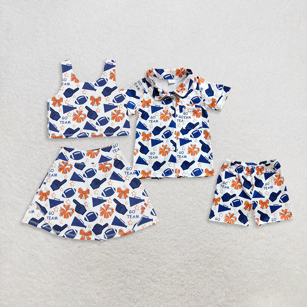 Girls Kids Navy Football Stars Bows Cheer Sibling Team Yoga Active Skort Set Pajamas Outfit RTS