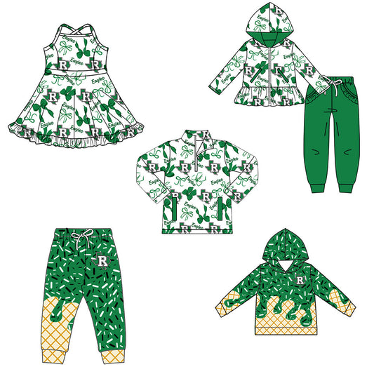 ( Moq 5 each style ) Baby Boy Girl Team Cheer Sibling Shirt Green Bows Dress Set 8.13