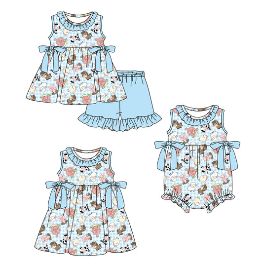 ( Moq 5 Each Style ) Sibling Baby Girls Kids Blue Bows Farm Animals Romper Dress Set Summer Clothes