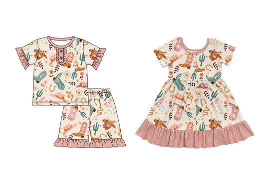 ( Moq 5 Each Style ) Baby Girl Short Sleeves Western Boots Flower Sibling Dress Set 3.31