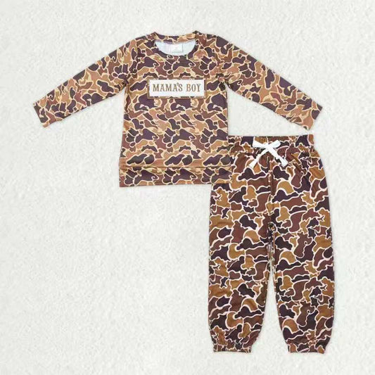 Baby Boys Long Sleeves Embroidery Mama's Boy Shirt Pockets Brown Camo Jogger Pants Clothes Set
