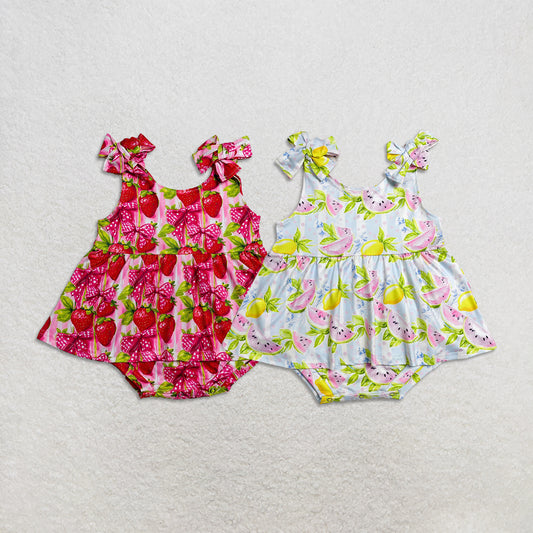 Sibling Baby Girls Infant Sleeveless Strawberry Watermelon Bows Summer Bubble Rompers Clothes RTS