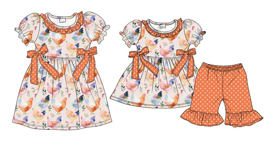 ( Moq 5 Each Style ) Sibling Baby Girls Kids Short Sleeves Bows Chicken Dress Set Clothes