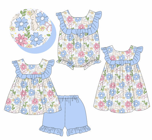 ( Moq 5 Each Style ) Baby Girls Kids Short Sleeves Rabbits Flower Bows Sibling Romper Dress Set