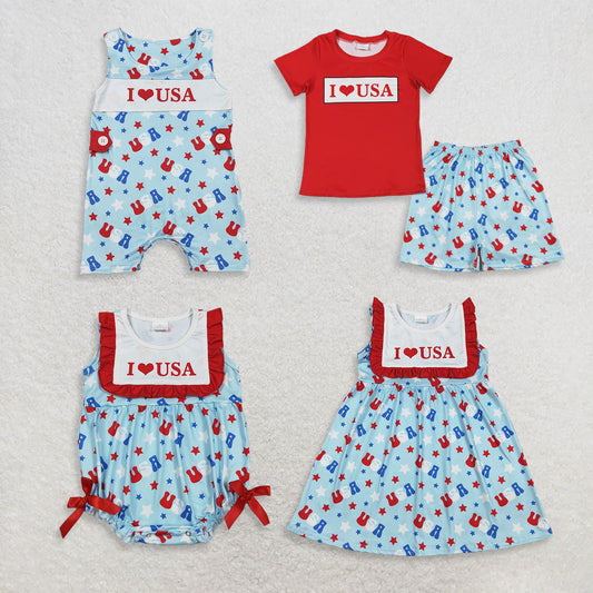 Sibling Baby Boy Girls Kids I Love USA 4th of July Dress Rompers Set Clothes RTS