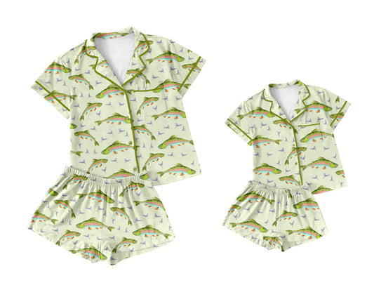 Baby Kids Adult Short Sleeves Fish Green Sibling Pajamas Set ( Moq 5 Each Style ) 3.1
