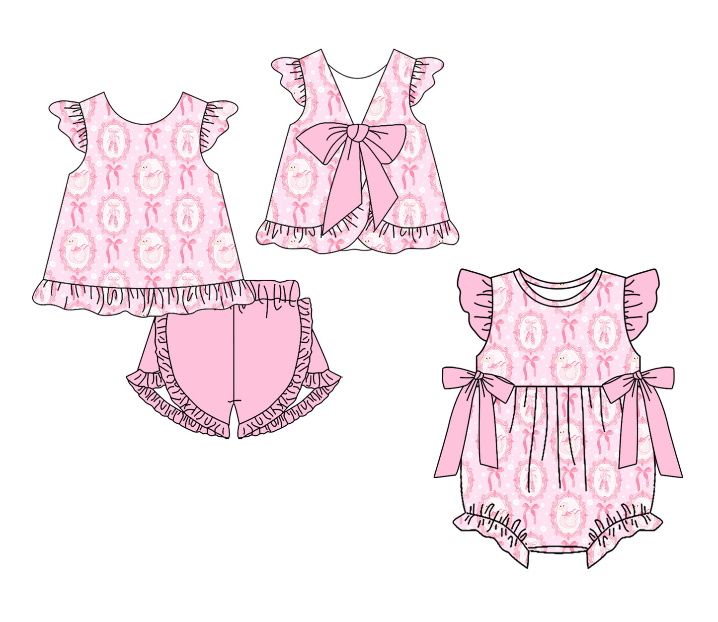 ( Moq 5 Each Style ) Sibling Baby Girls Kids Pink Bows Ducks Tops Shorts Set Romper Clothes