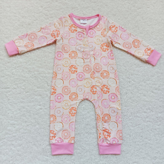 LR0312 Baby Girl Long Sleeves Zipper Donuts One Piece Romper
