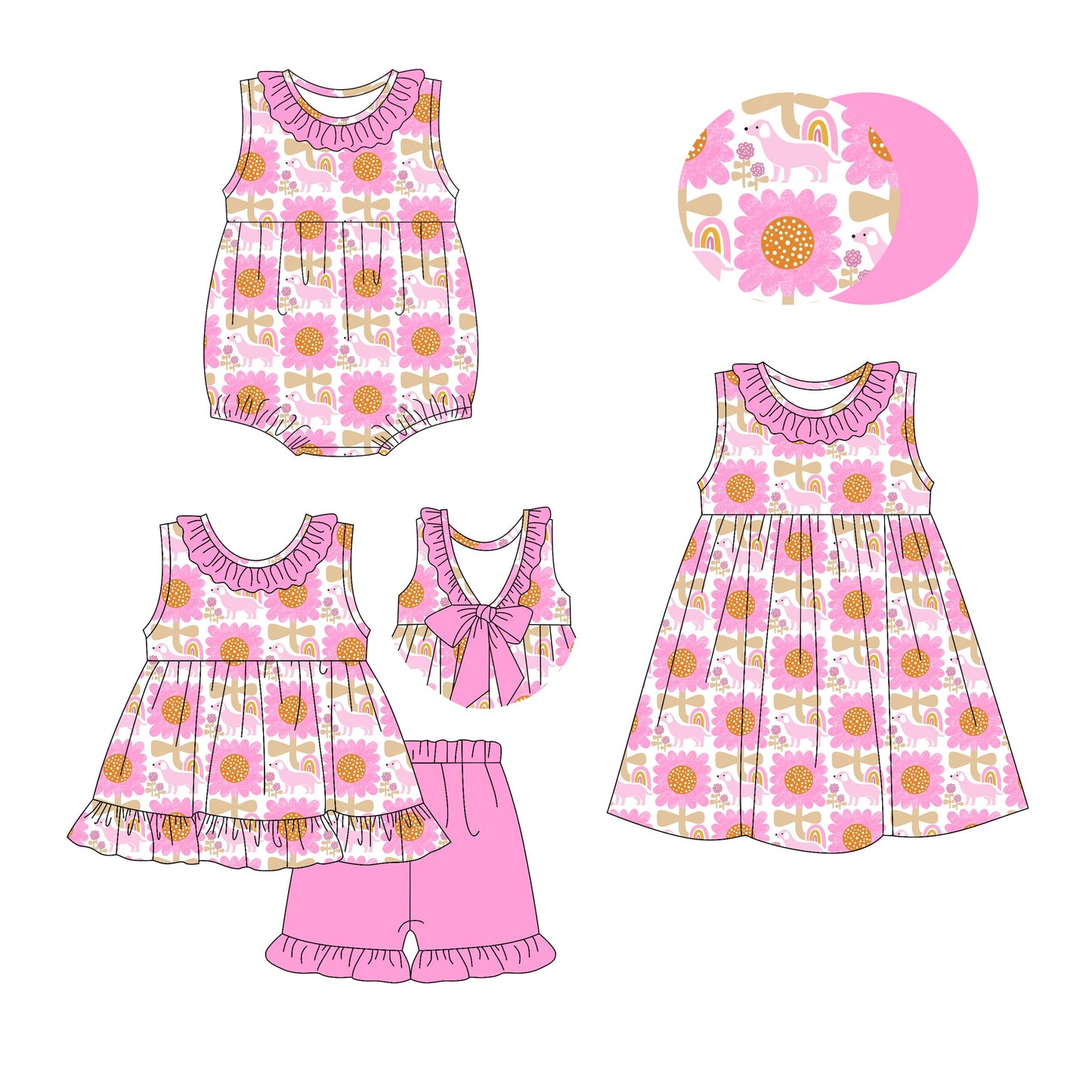 Baby Girl Sleeveless Flower Dogs Sibling Romper Dress Set ( Moq 5 Each Style ) 2.28
