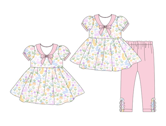 ( Moq 5 Each Style ) Girls Toddler Rabbits Eggs Flower Bows Easter Sibling Dress Set