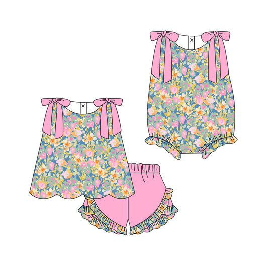 ( Moq 5 Each Style ) Sibling Baby Girls Kids Pink Bows Flower Tops Shorts Summer Set Romper