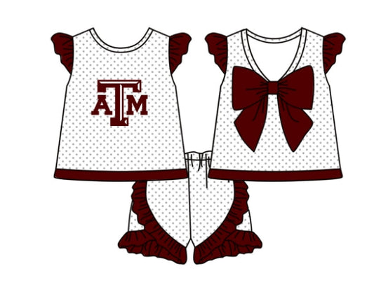 Baby Girl Short Sleeves Team Bow Tunic Ruffle Shorts Clothes Set ( Moq 5 )