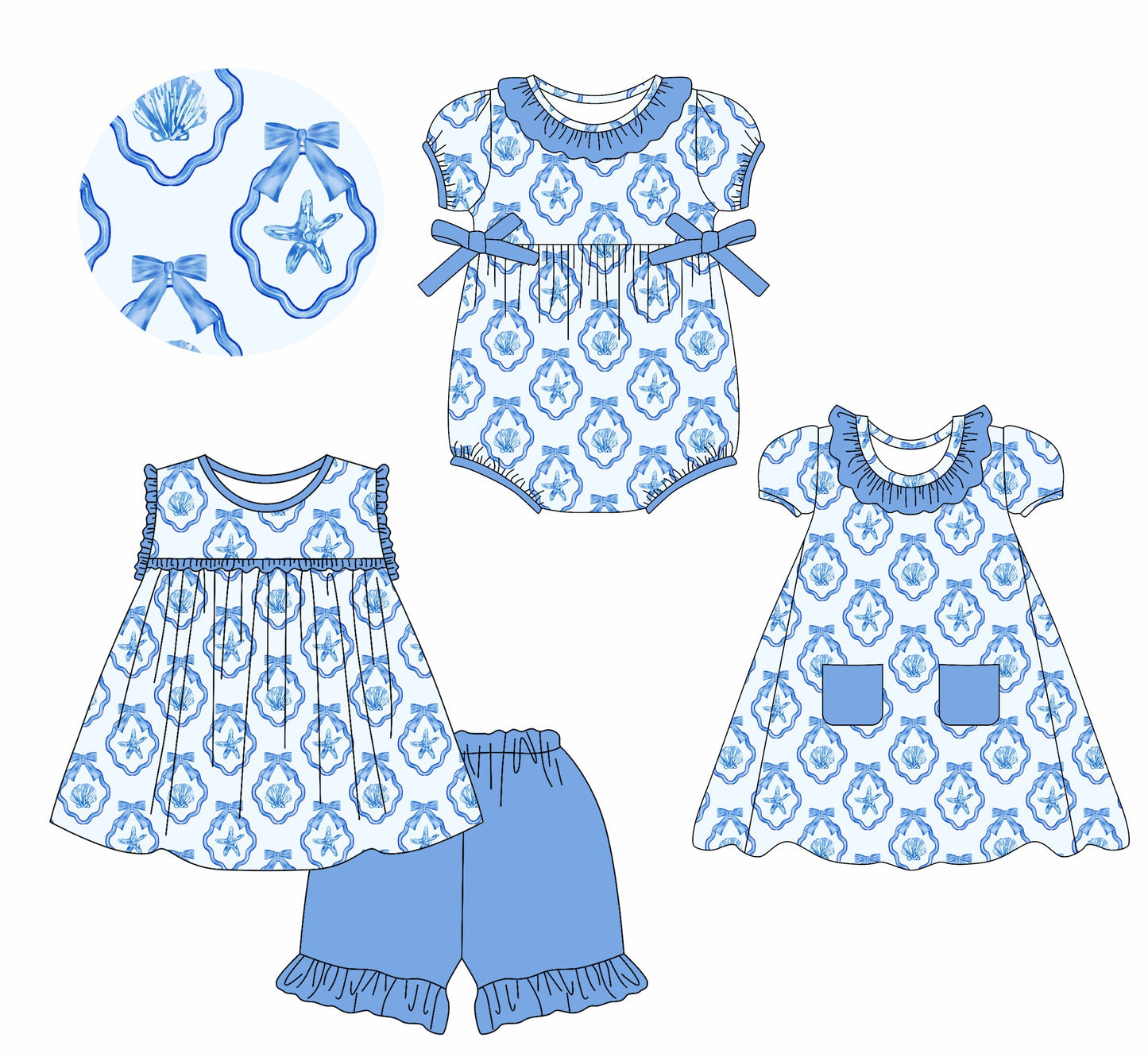 Baby Girl Starfish Blue Bows Sibling Romper Dress Set ( Moq 5 Each Style ) 2.15