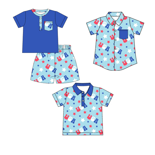 ( Moq 5 Each Style ) Baby Boys Kids USA Stars Short Sleeves Sibling 4th of July Shirts Set