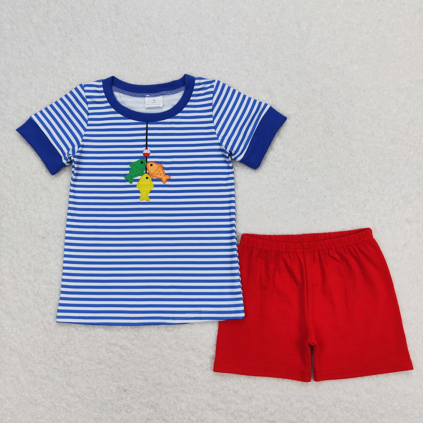 Baby Boy Short Sleeves Embroidery Fish Stripes Shirt Red Cotton Shorts Set