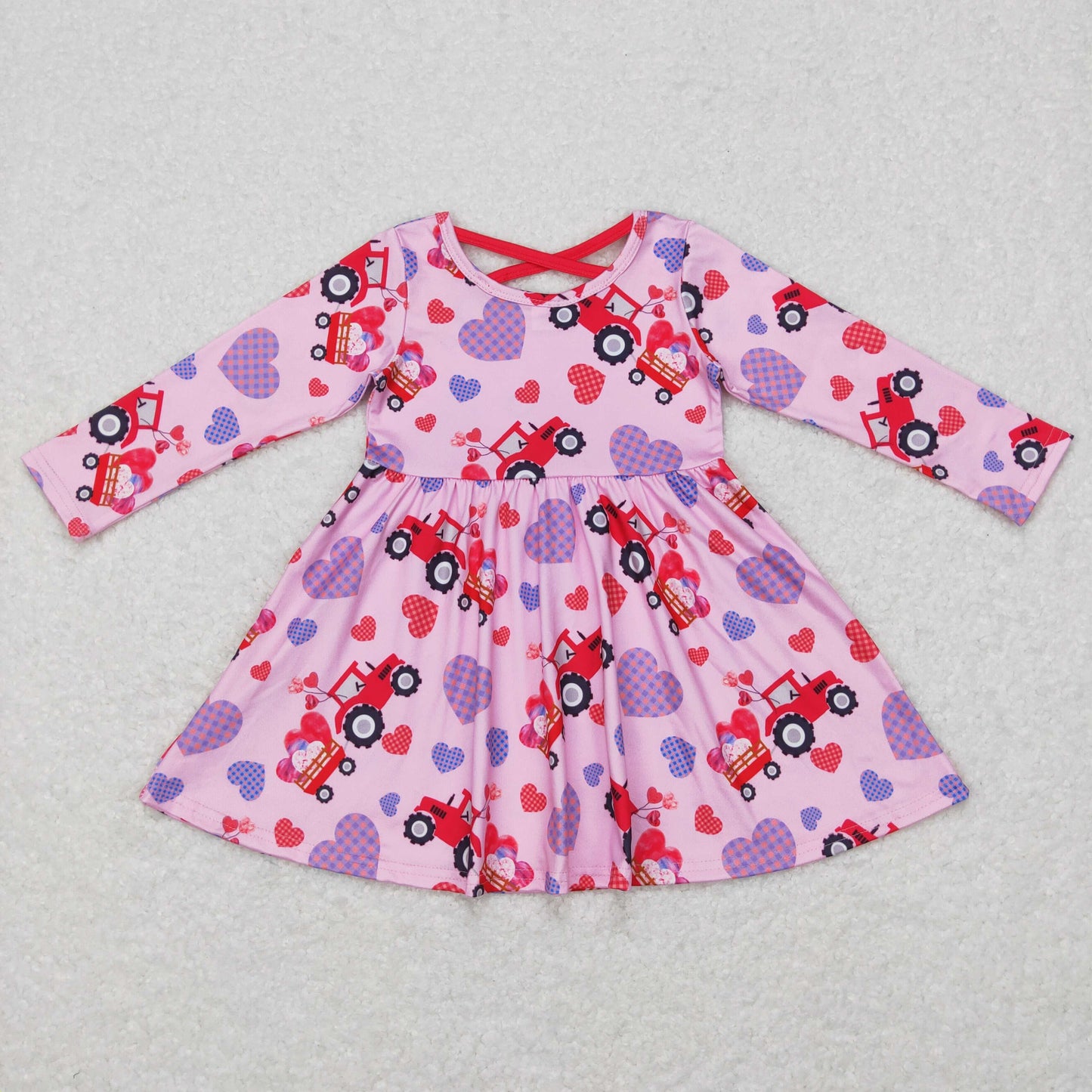 GLD0454 Baby Girl Valentine Tractor Long Sleeves Heart Twirl Dress
