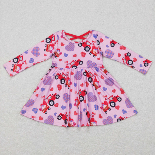 GLD0454 Baby Girl Valentine Tractor Long Sleeves Heart Twirl Dress