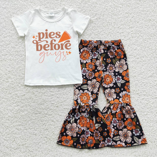 GSPO0699 Baby Girl Short Sleeves Pie Shirt Fall Floral Bell Pants Thanksgiving Outfit