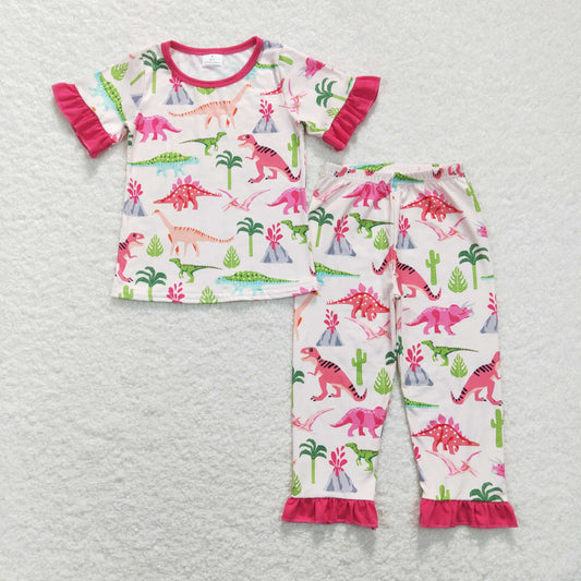 GSPO1001 Baby Girl Short Sleeves Dinosaurs Shirt Pants Set Pajamas