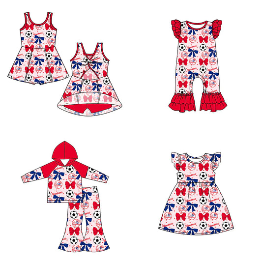 ( Moq 5 each style ) Baby Girl Toddler Team Red Blue Bows Soccer Sibling Romper Dress Set 6.14