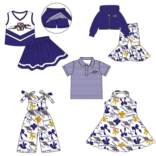 ( Moq 5 each style ) Baby Boy Girl Team Cheer Sibling Shirt Purple Bows Jumpsuit Dress Set 7.30
