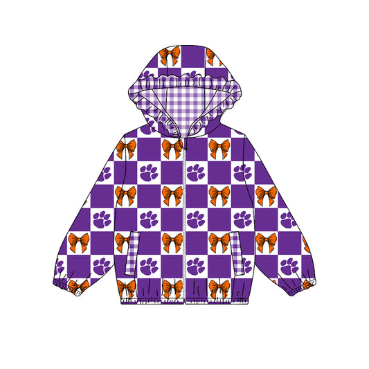 ( Moq 5 ) Custom Baby Girl Kids Pockets Zipper Hoodie Bows Team Jacket Coat Tops