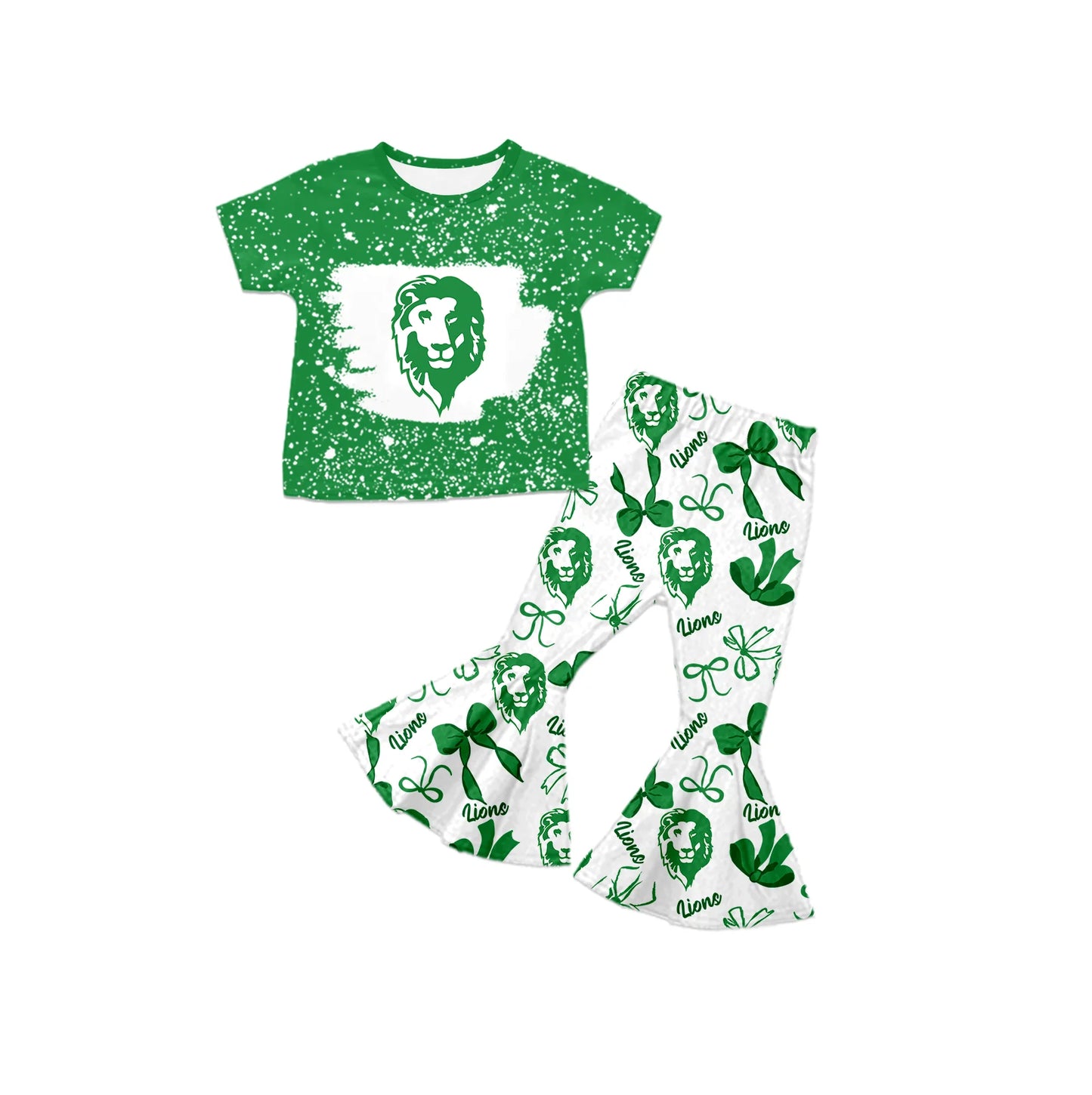 ( Moq 5 each style ) Baby Girl Team Sibling Lion Green Bows Dress Set 7.25