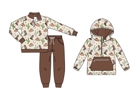 ( Moq 5 Each Style ) Baby Boy Toddler Western Boots Cactus Sibling Hoodie Shirt Set